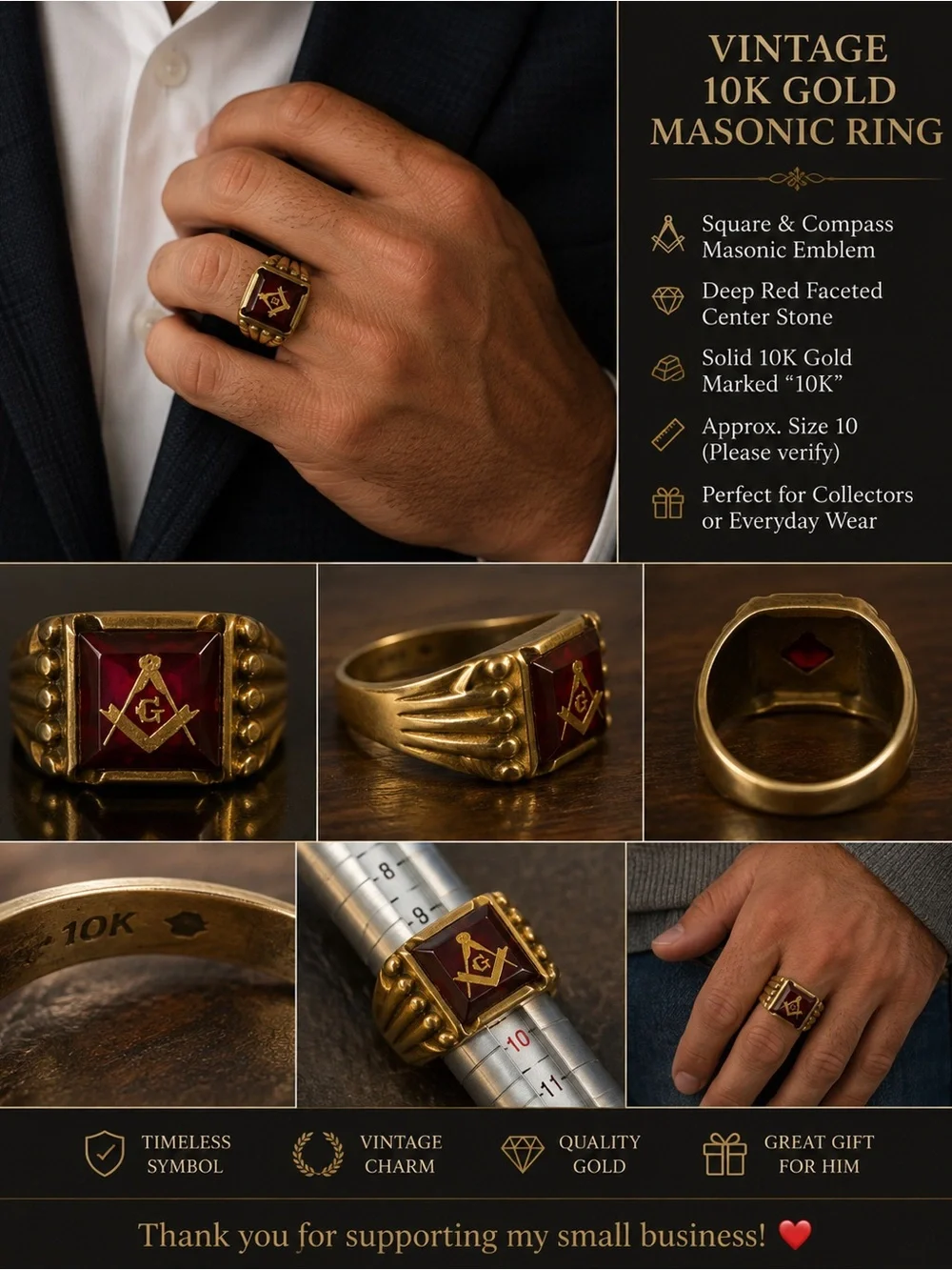 Vintage 10K Gold Freemason Masonic Ring Red Stone Square & Compass Size 10